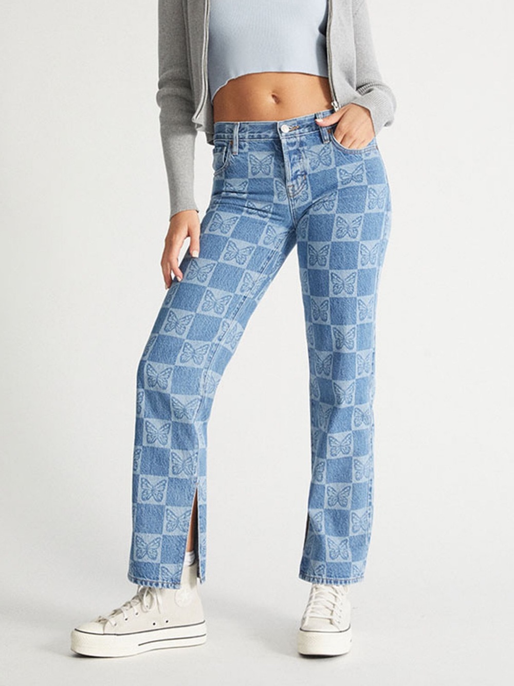 🦋Pacsun Eco Butterfly Checkerboard Low Rise Straight Leg Jeans • 100% Cotton